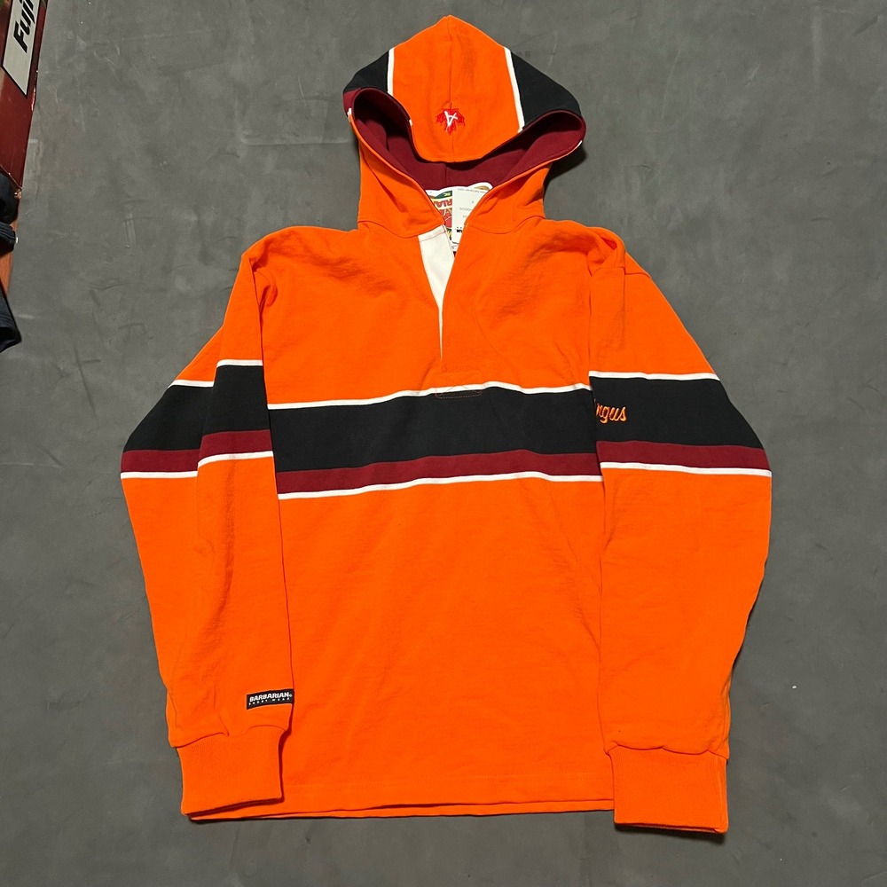 VTG Barbarian Rugby Hoodie Mens Small Orange Striped Long Sleeve Argus